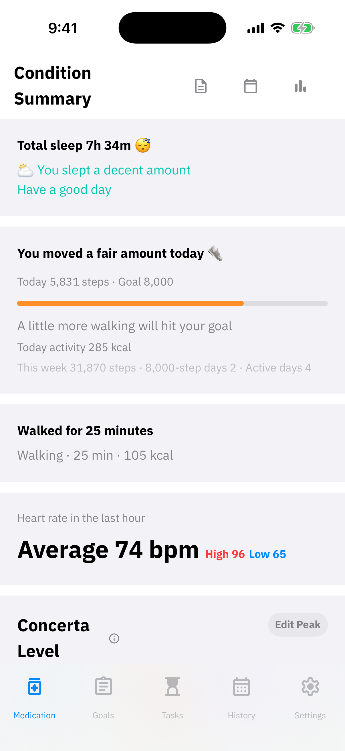 Peakly wellbeing summary screen